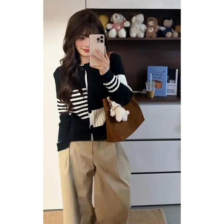 巨好看的轻熟早秋韩系穿搭撞色毛衣开衫外套女秋冬慵懒风针织外套
