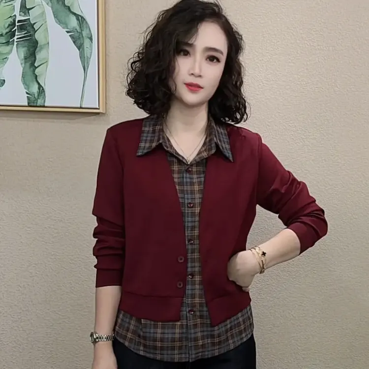 拉夏贝尔时尚衬衫女2025秋季新款洋气百搭显瘦气质格子假两件上衣