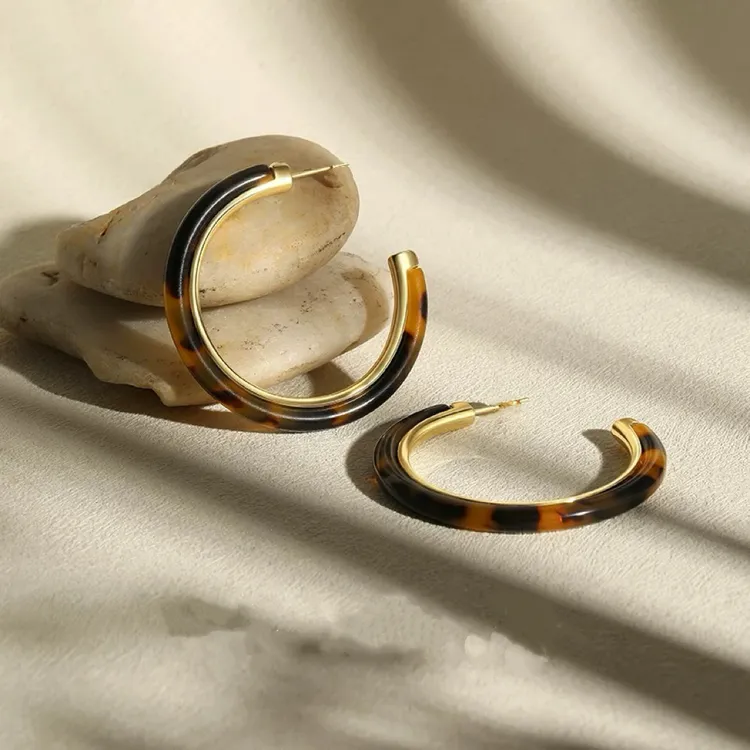 铜合金耳饰 ES-336赵露思同款玳瑁色豹纹个性圈圈耳环