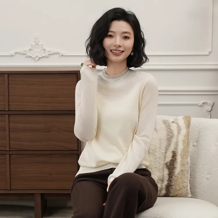 西子/【楚留香】超细48支羊毛巴素兰工艺欧根纱烫钻针织衫/MSHY0165