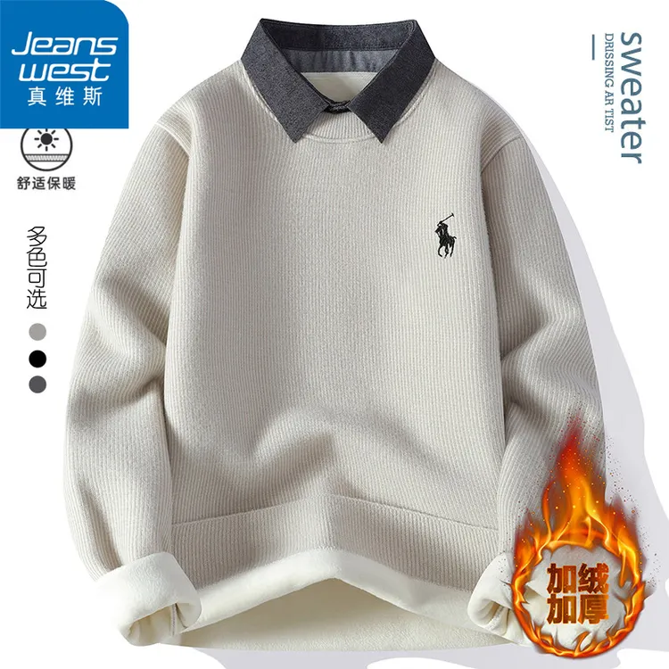 Jeanswest/真维斯2025冬季新款男士假两件衬衣领男装保暖毛衣线衣
