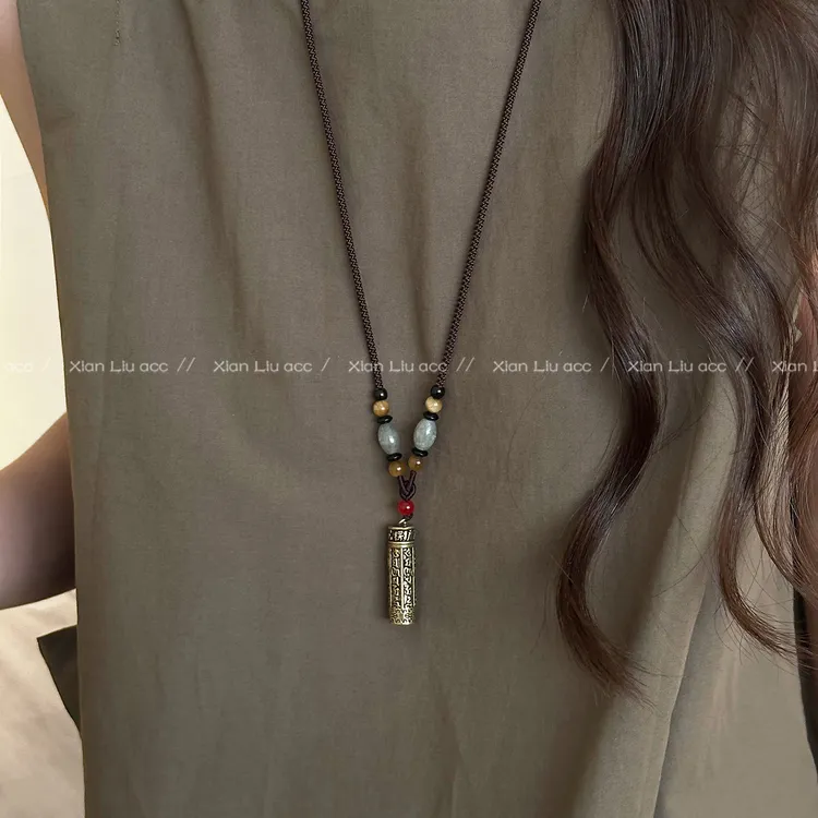 铜布艺项链 新中式可打开嘎乌盒吊坠项链女民族风挂绳毛衣链配饰