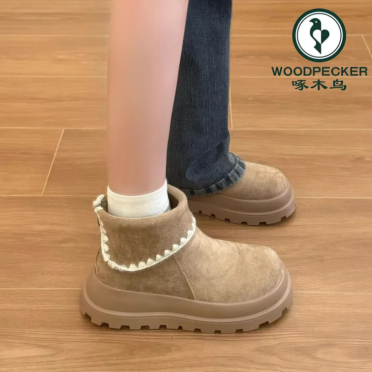 啄木鸟复古勃肯短靴女款2025秋冬新款圆头厚底马丁靴绒面短筒靴