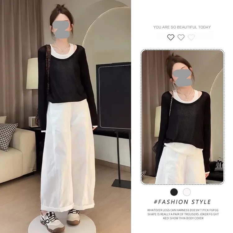 韩系设计感拼接假两件长袖t恤女2025秋季新款修身显瘦打底衫上衣
