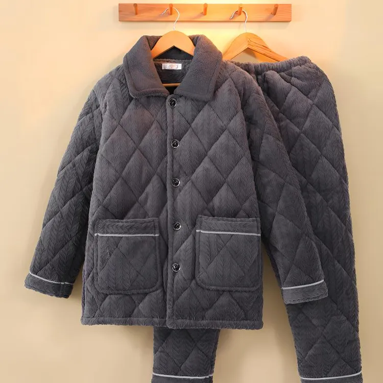 睡衣男冬季三层夹棉加厚加绒保暖中老年爸爸冬款珊瑚绒家居服套装
