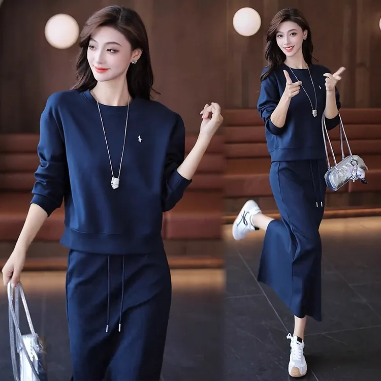 时尚休闲套装裙女2025春秋新款洋气显瘦圆领卫衣开叉半身裙两件套
