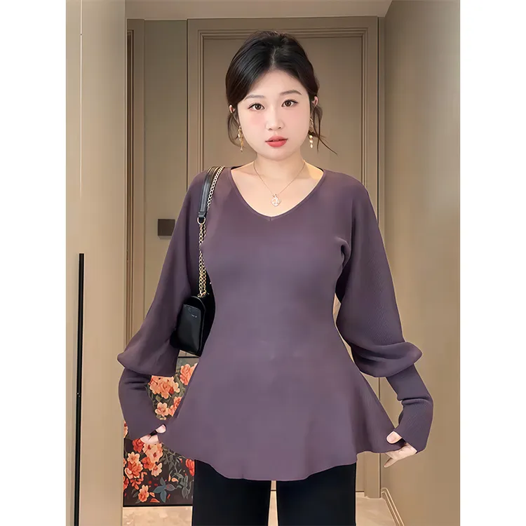 大码韩系气质收腰显瘦灯笼袖针织衫秋冬微胖MM独特别致打底衫上衣