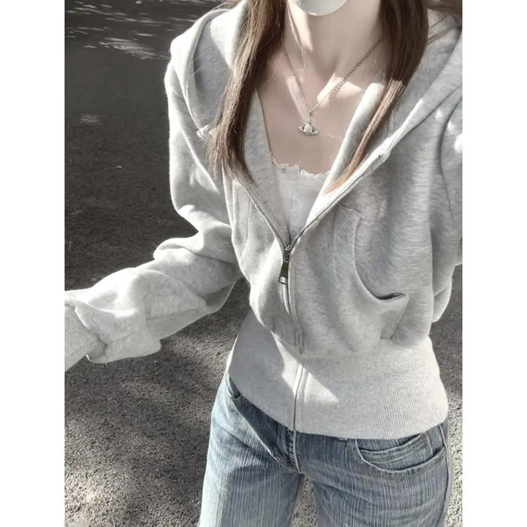 美式灰色连帽卫衣外套女春秋长袖休闲百搭上衣设计感收腰显瘦开衫