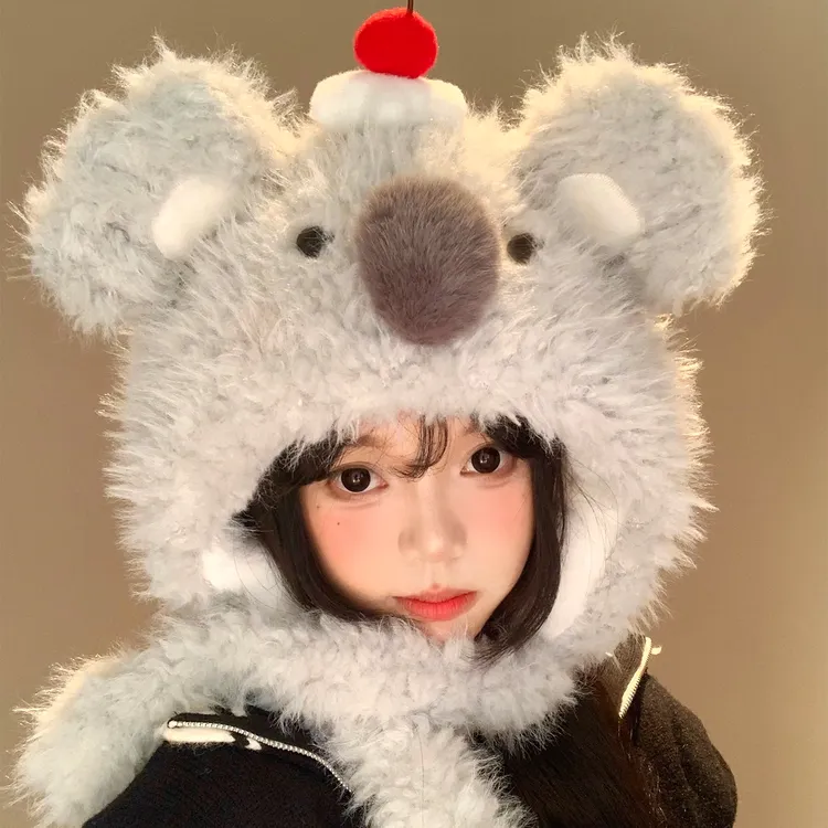 可爱蛋糕考拉毛绒帽女秋冬季显脸小加厚加绒保暖防寒护耳雷锋帽子