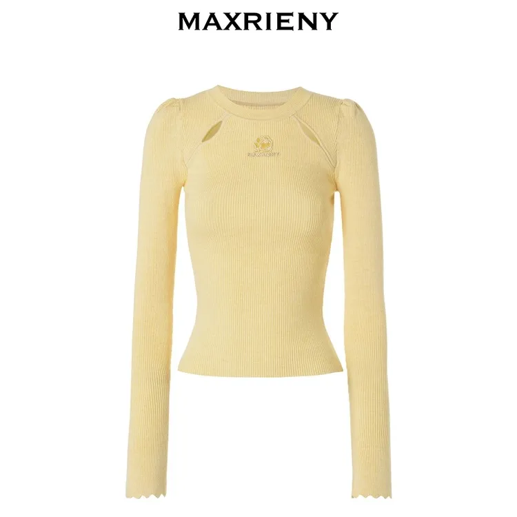 MAXRIENY温柔复古感开叉套头针织新款冬长袖时尚秋冬白色打底衫