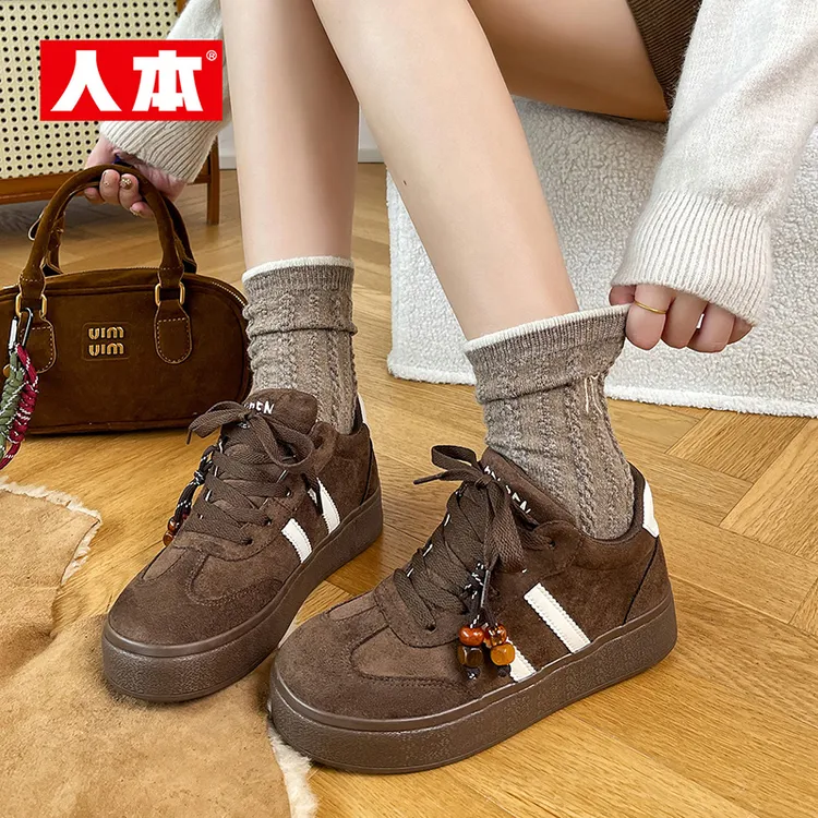 人本厚底德训鞋女款2025年秋冬季新款加绒保暖休闲鞋百搭板鞋