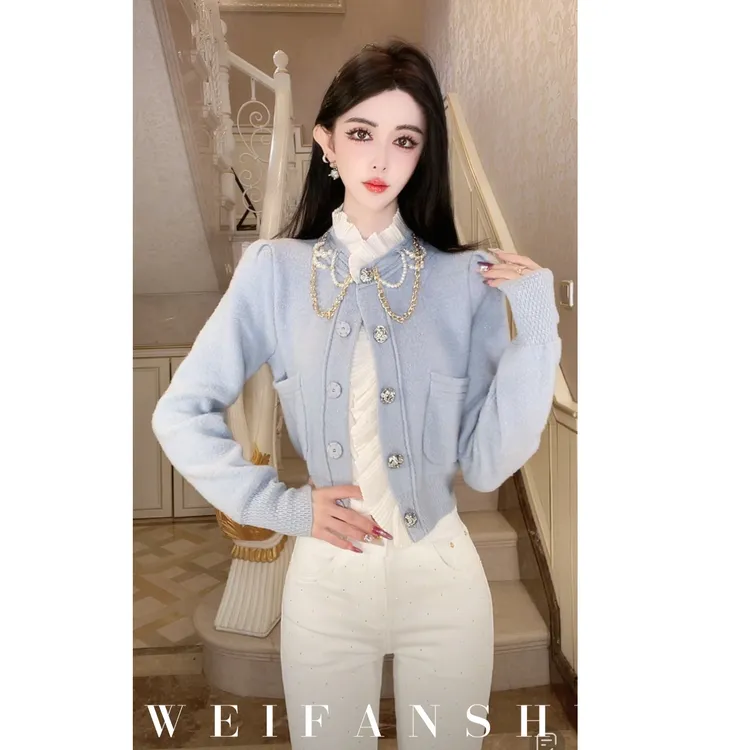 WEIFANSHU/魏凡舒【天鹅挽歌】早秋新款法式气质木耳边圆领羊毛开衫