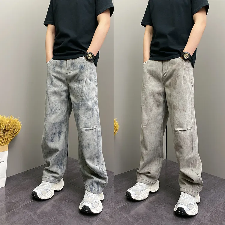 2025冬季美式加绒复古水洗做旧弯刀裤男士宽松休闲裤痞帅阔腿裤