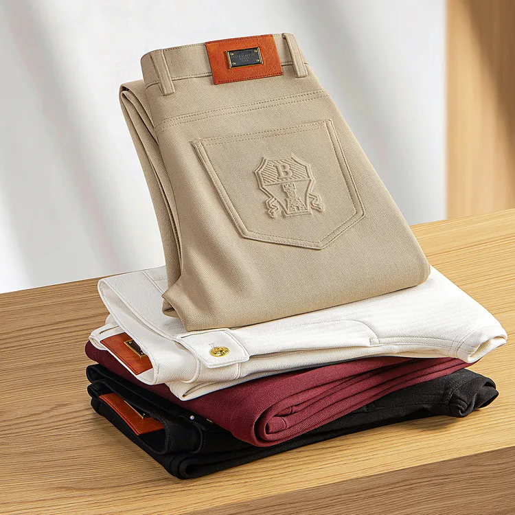 秋冬季加厚老钱风人纹提花百搭纯色男士修身商务通勤裤直筒休闲裤