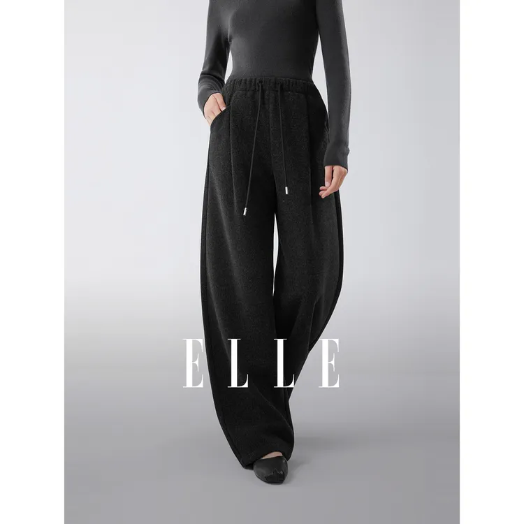 ELLE女装磨毛针织休闲裤2025冬季新款松紧腰通勤阔腿裤子EK52960