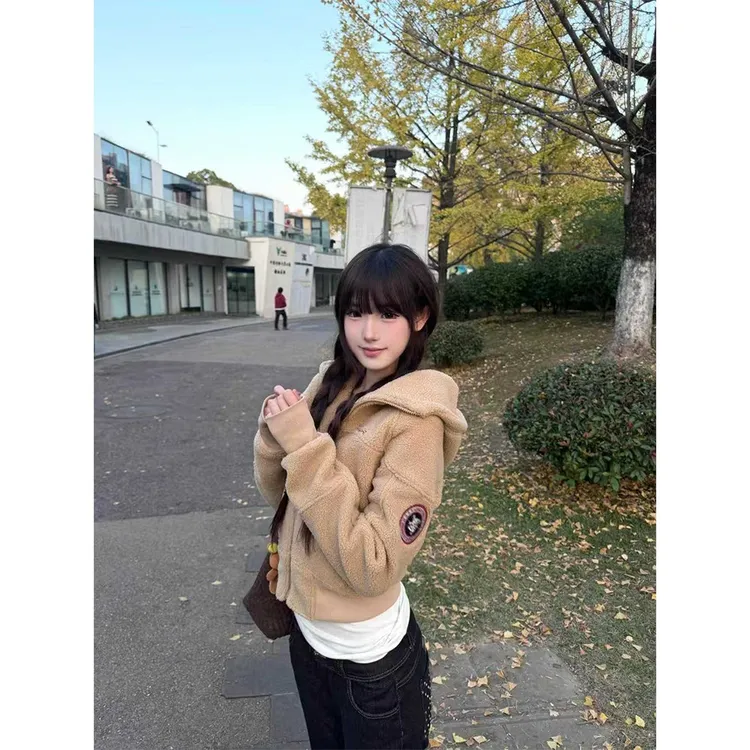 美式复古羊羔绒短款外套宽松慵懒加厚连帽长袖拉链上衣