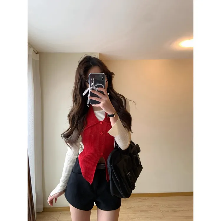 【名门盛宴】法式纯欲氛围感假两件针织衫女秋冬新款设计感打底上衣