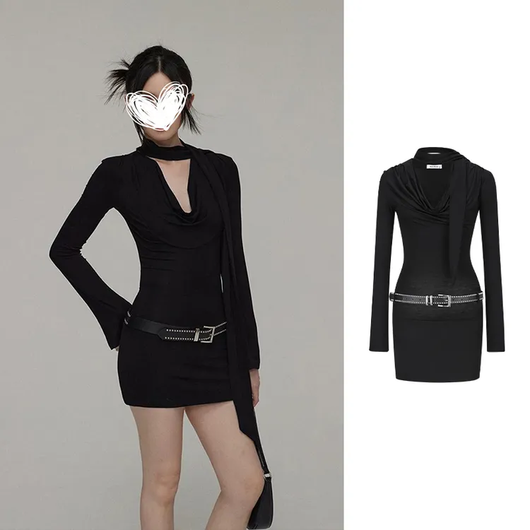 Moses Queen/魔西女王辣妹性感荡领连衣裙御姐风长袖黑色包臀裙子