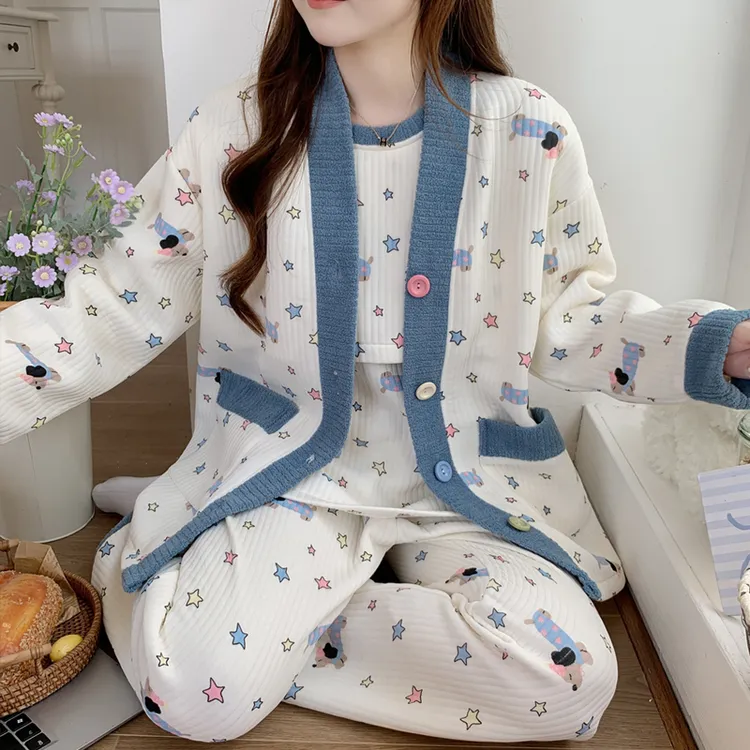 孕妇睡衣秋冬季产后加厚月子服三件套空气棉哺乳喂奶冬天产妇家居