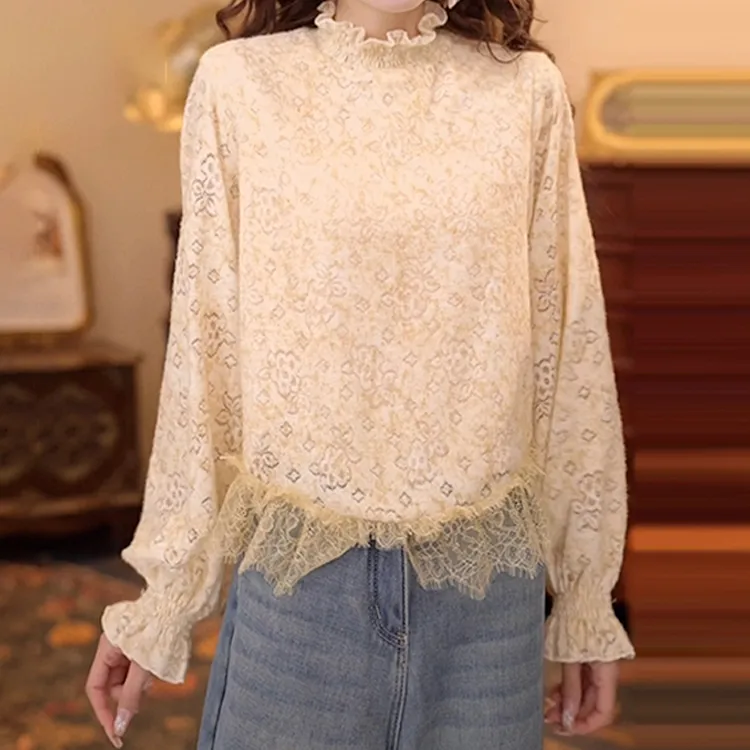 复古设计感拼接立领长袖衬衫女2025冬季新款时髦撞色百搭打底上衣