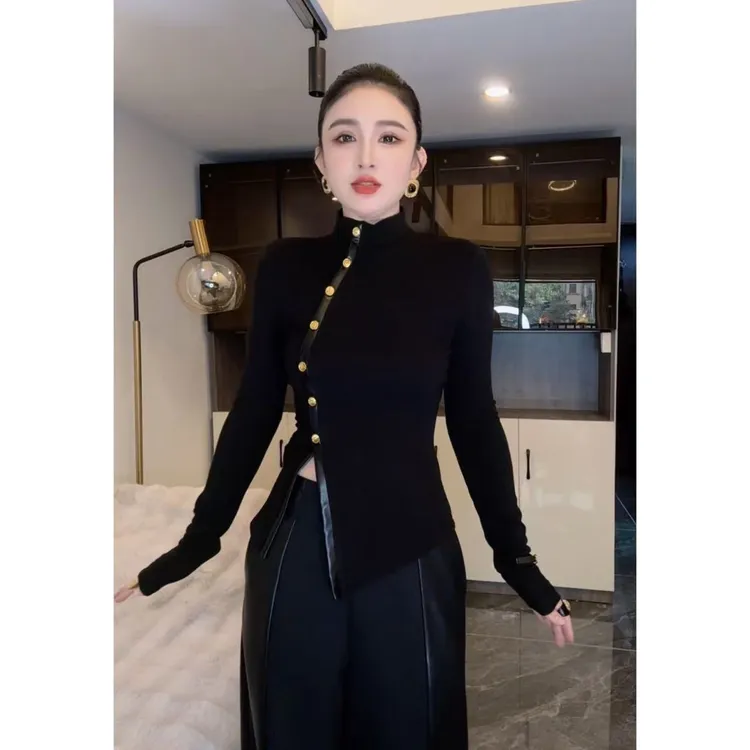 【思思原创设计】清冷系禅意衣服女拼皮侧门襟开衩高领打底衫20120