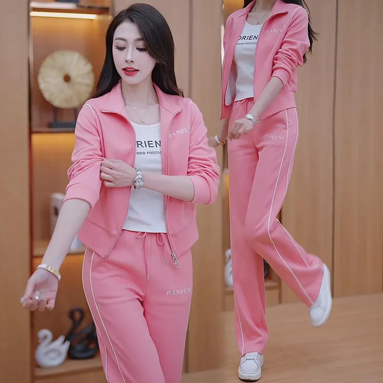 休闲运动服套装女时尚韩版粉色卫衣外套阔腿裤2025春季新款两件套