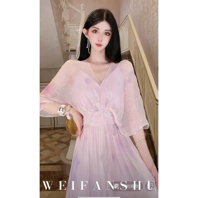 WEIFANSHU/魏凡舒【波光涟漪】春夏新款名媛风仙气V领6A真丝连衣裙