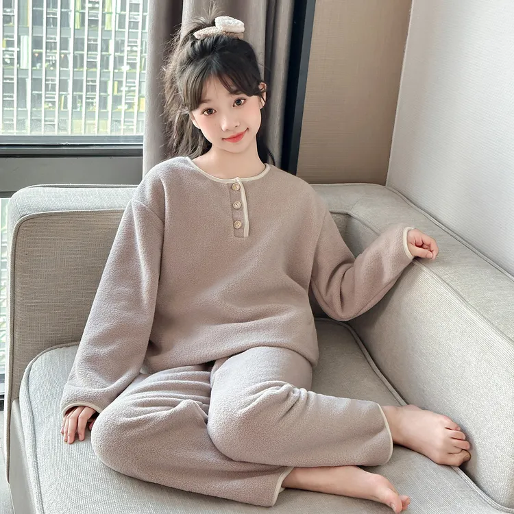 儿童秋冬季睡衣女童珊瑚绒中大童小女孩薄款雪粒绒圆领家居服套装