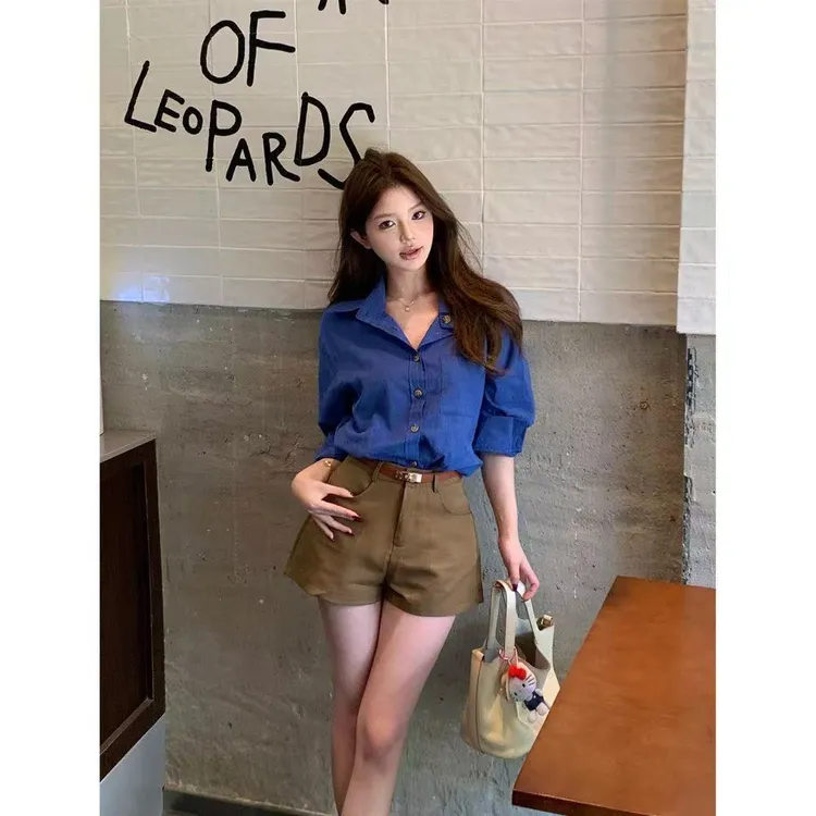 原版高级感复古宽松长袖衬衫西装阔腿短裤女秋季新款时尚套装ins