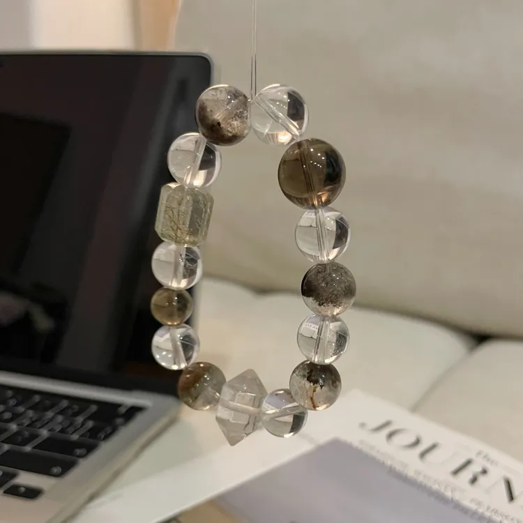 【聚宝盆】12m绿幽灵+12m白水+茶晶+超七原创天然水晶手串情侣TY211