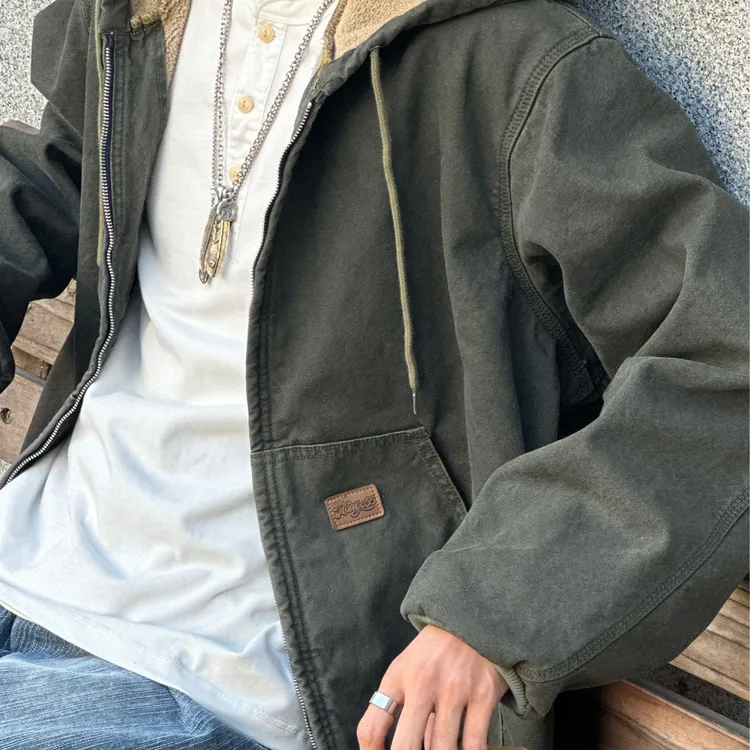 秋冬重磅宽松J130水洗做旧连帽夹克VINTAGE美式复古外套欧版