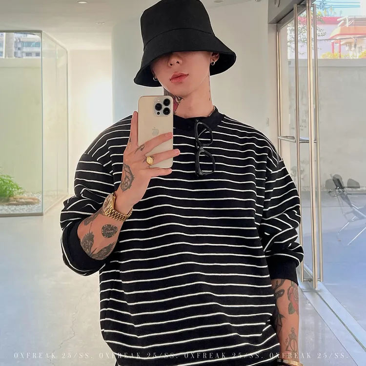 OXFREAK「撞色夹心设计」500g重磅黑白条纹卫衣男短款宽松情侣装