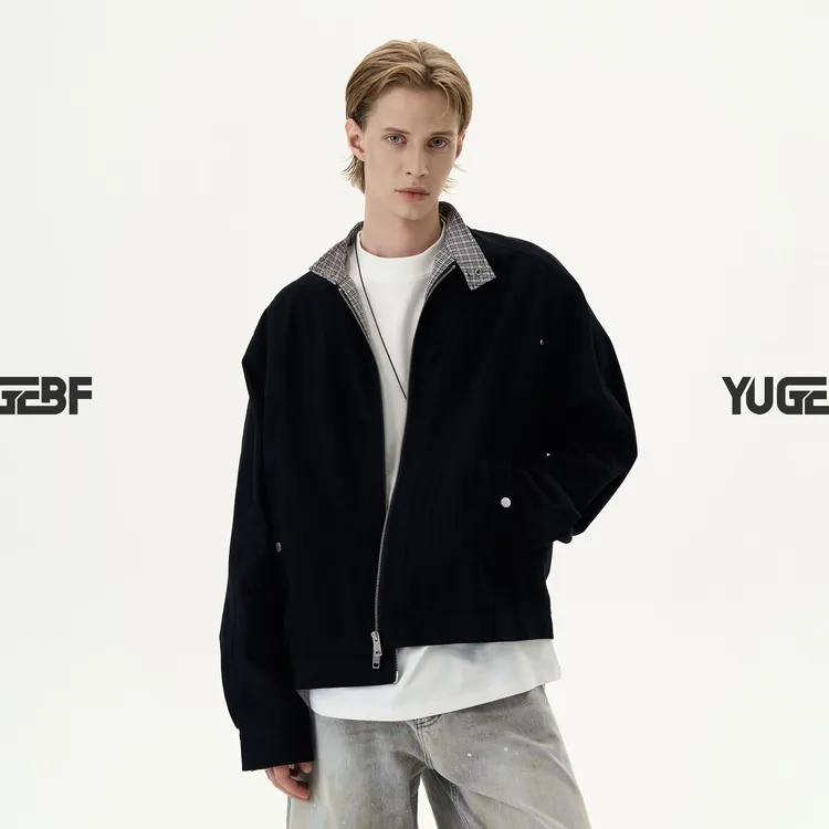 YUGEBF美式哈灵顿格子拼接立领夹克男女痞帅潮牌廓形cleanfit外套