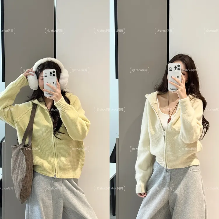 韩系休闲波浪纹双拉链连帽毛衣外套女秋冬宽松显瘦加厚针织开衫潮