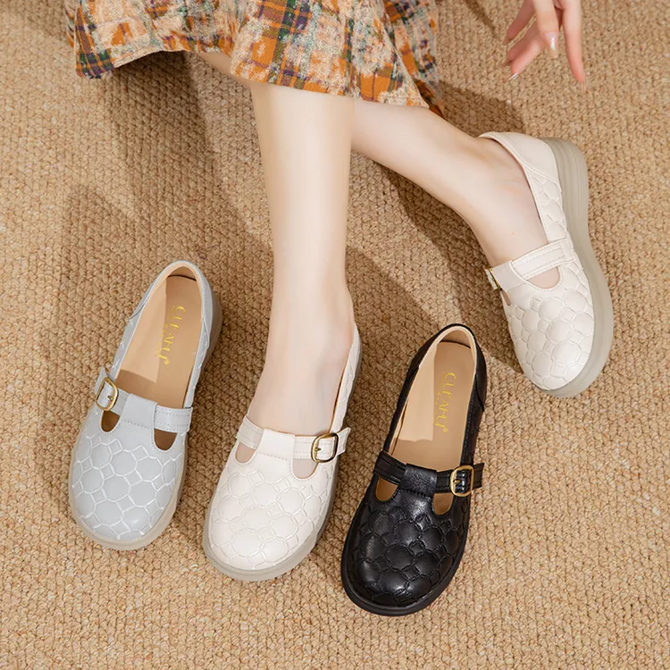 25516秋季圆头纯色复古百搭平底单鞋时尚休闲发泡软底妈妈鞋
