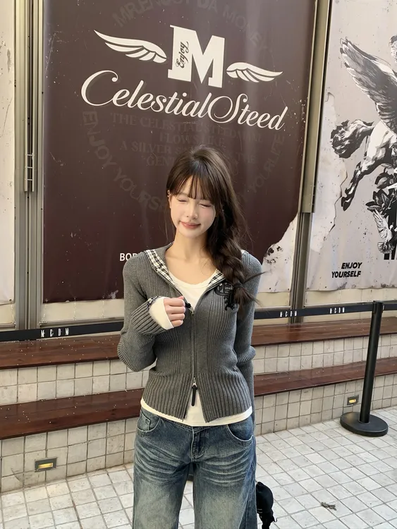  【三三】复古格子拼接灰色连帽毛衣女修身慵懒风针织开衫外套