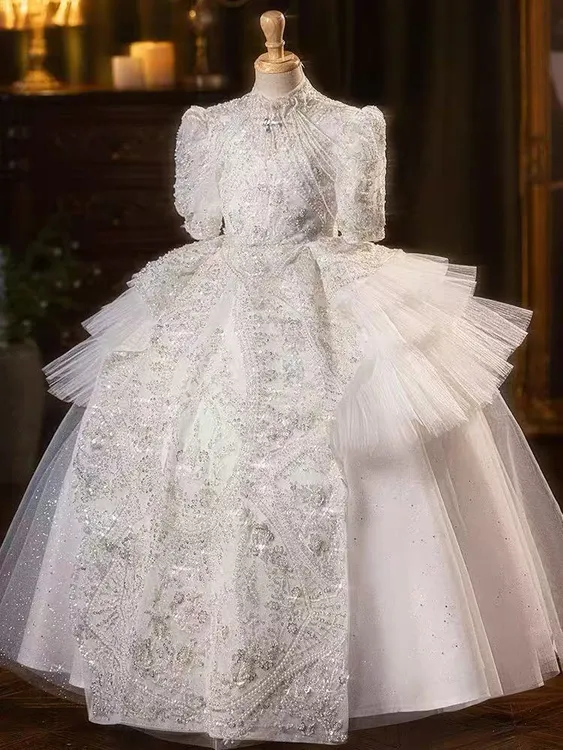 奢华高定女童走秀白色齐地公主晚礼服长裙花童元旦主持钢琴生日裙