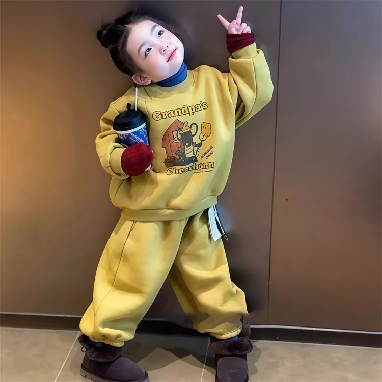 韩版儿童洋气卡通加绒套装2025冬装加厚男女童保暖冬季过冬两件套