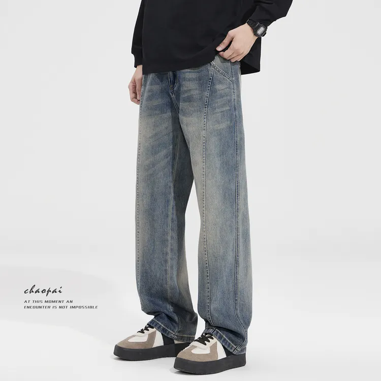蓝色水洗牛仔裤男直筒宽松美式潮牌休闲大码显瘦痞帅裤子2025新款