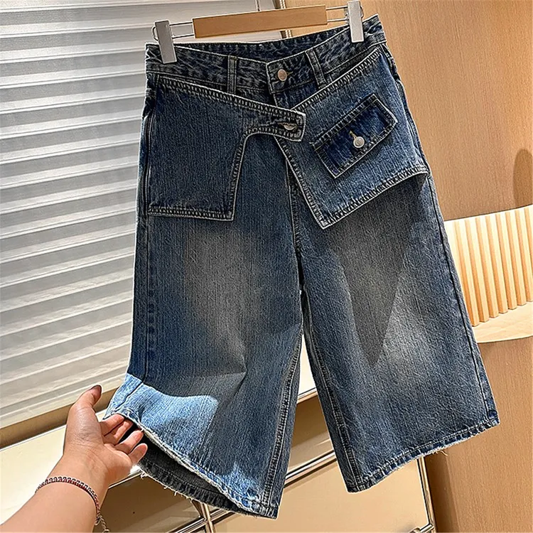 高级感高端韩系屁帘牛仔裤女夏季新款设计感阔腿裤直筒七分裤子潮