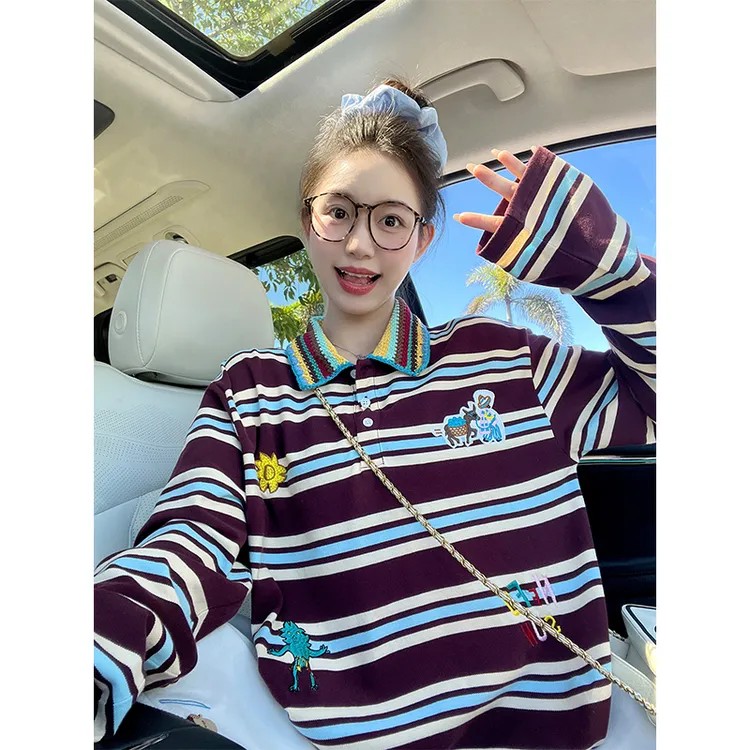 撞色条纹polo领长袖T恤女秋季2025新款韩系慵懒风松弛感休闲上衣