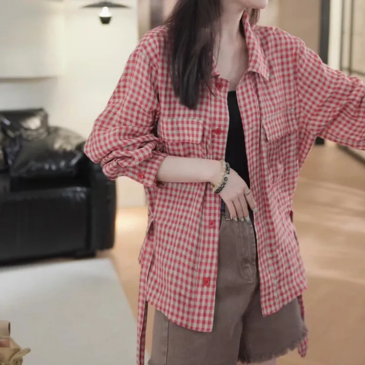 2025夏季新款格子设计感休闲风气质减龄长袖衬衫女高级感百搭上衣