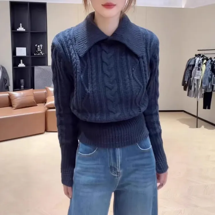 韩系翻领麻花纹针织衫女2025秋冬季大码胖mm百搭显瘦气质毛衣上衣