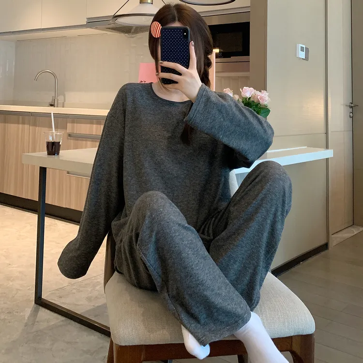 德绒睡衣女秋冬季2025新款保暖可外穿休闲纯色春秋长袖家居服套装