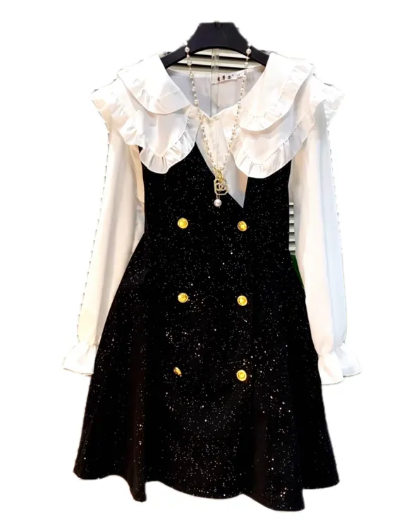 新款女装大码显瘦娃娃领衫气质马甲裙遮肉中长裙连衣裙女