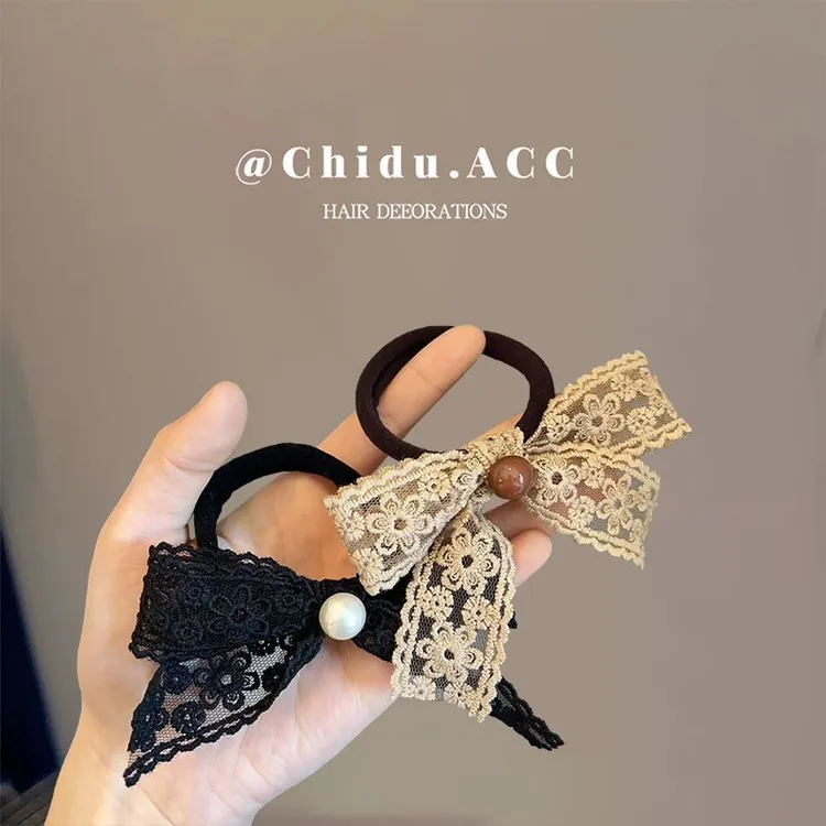 法式温柔蕾丝蝴蝶结肠圈头绳发圈女高级感扎头发低马尾发绳发饰