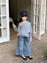 女童韩版上衣2025秋季新款儿童假两件木耳边T恤印花牛仔裤套装