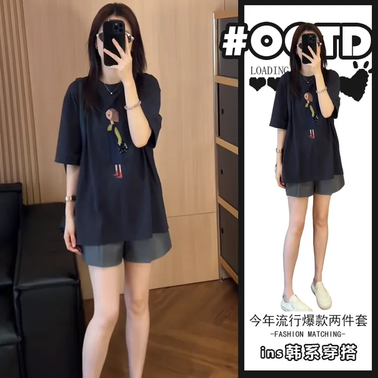 韩系学院风两件套装女设计感别致卡通人物印花T恤高腰阔腿短裤潮