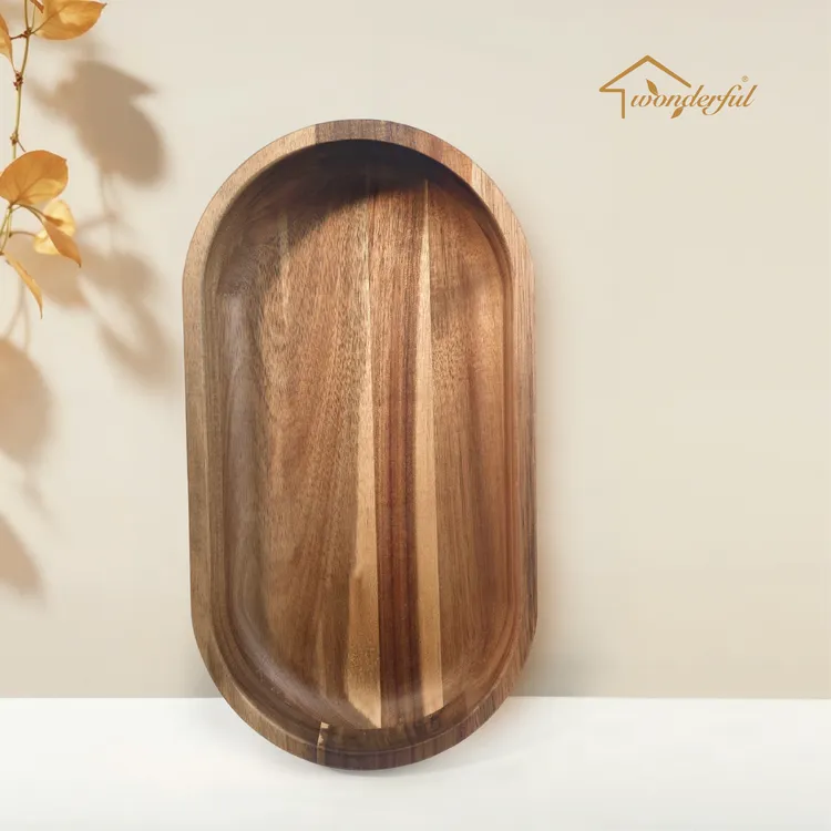 田园风椭圆形日式盘面包点心盘木制水果托盘相思木