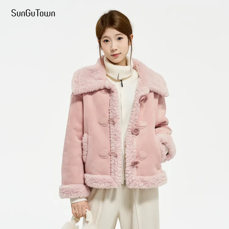森谷小城时尚保暖短款毛绒冬季女大翻领仿皮毛一体外套5DQTY0139
